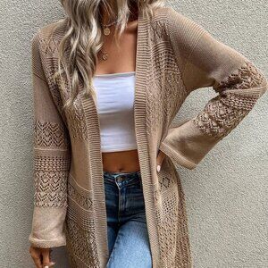 Camel Casual Women's Pointelle Knit Design Long Sleeve Cardigan